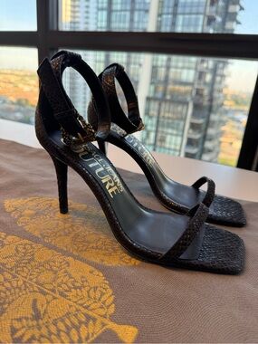 Versace Jeans Collection Black Strappy Ankle-Heel with Gold Buckle